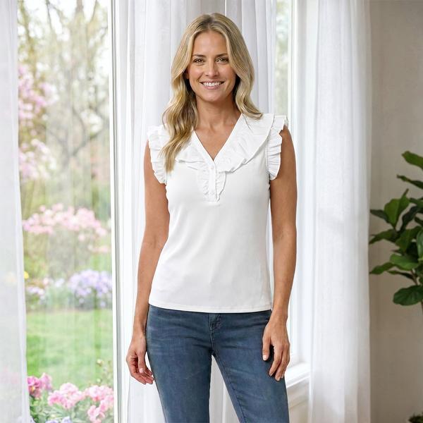 Womens Nicole Miller Cap Ruffle Sleeve V Neck Ribbed Blouse alternate view